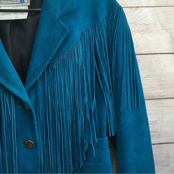 VINTAGE PIONEER WEAR GENUINE LEATHER FRINGE JACKET IN DEEP TEAL - Picture 6 of 16